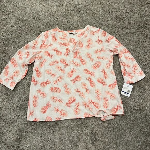 Emily Daniels Button Front pineapple side Tie blouse Top Size XL Linen Blend NEW - Picture 1 of 16